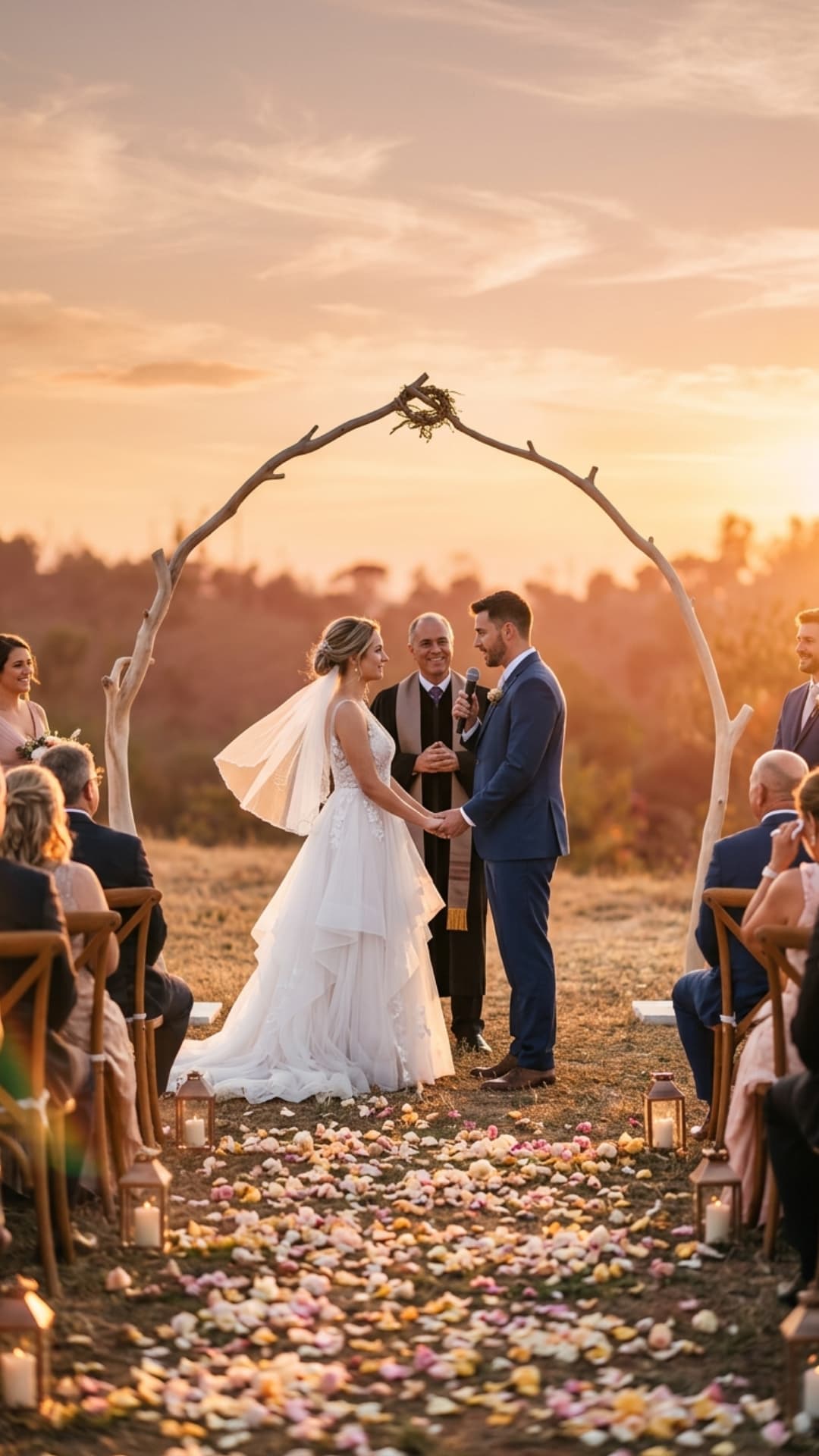 Brautpaar hält Händchen unter einem Holzbogen bei einer romantischen Zeremonie im Freien bei Sonnenuntergang.