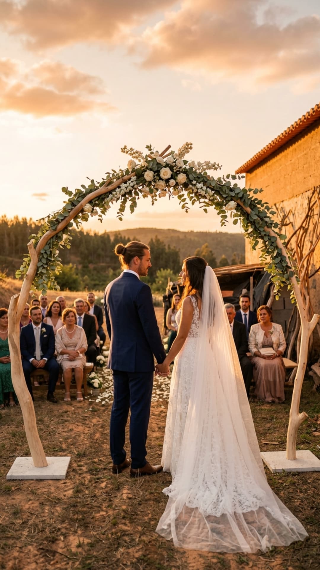 Braut und Bräutigam stehen unter einem floralen Holzbogen bei einer romantischen Zeremonie im Sonnenuntergang.